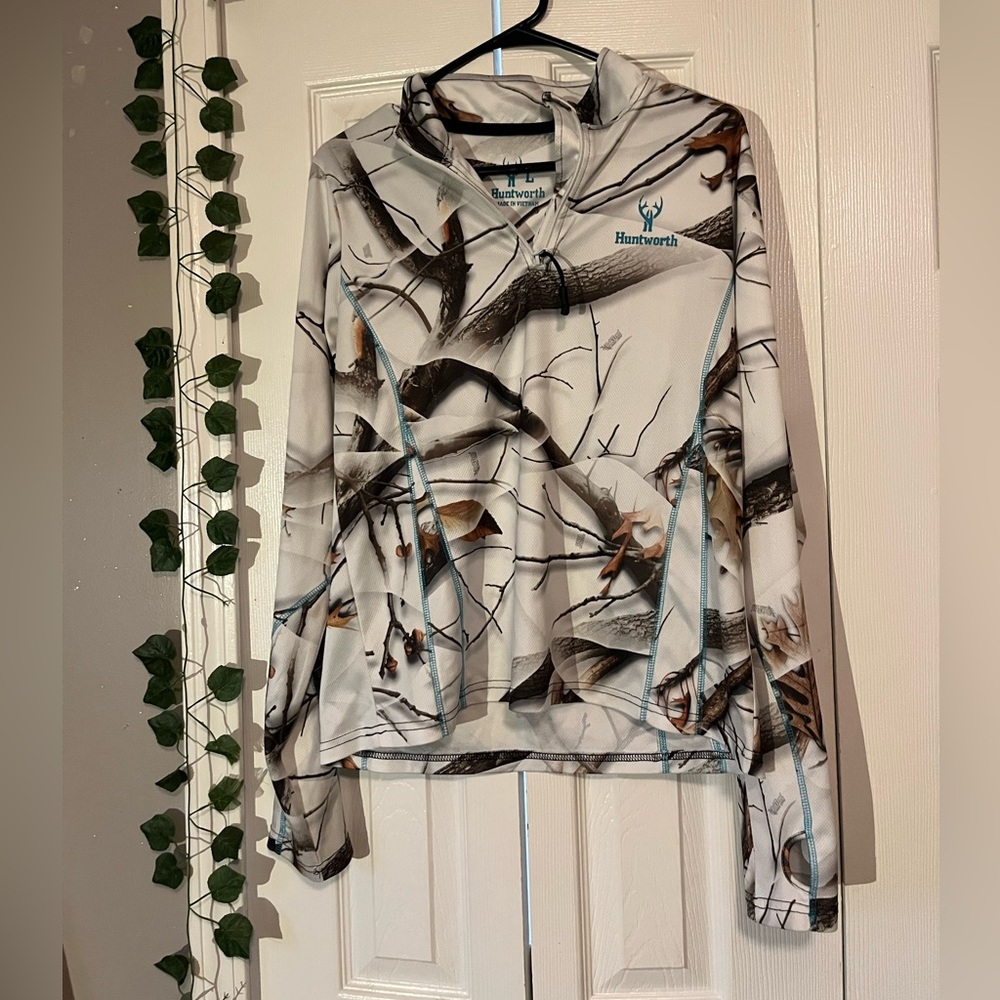 Huntworth White Camo Camouflage Pull Over Jacket Hoodie 1/4th Zip Large